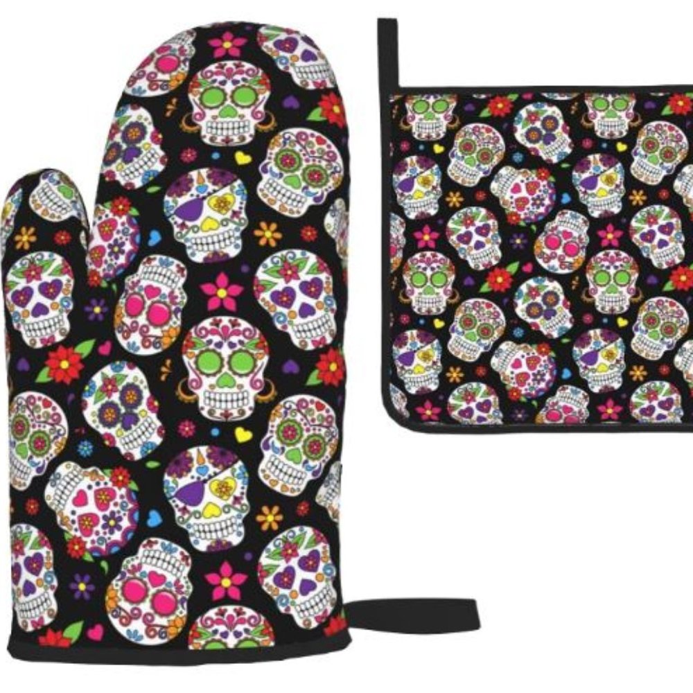 New Day of The Dead Sugar Skull Oven Mitts and Pot Holders Sets, Heat Resistant